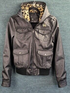 Vintage Y2K Obey Faux Leather Bomber Jacket With Cheetah Lined Hood